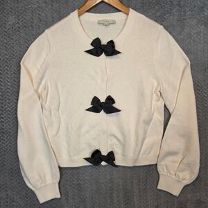 LOFT Coquette Womens Cream Cotton Knit Cardigan Sweater Black Bow Accents Size L